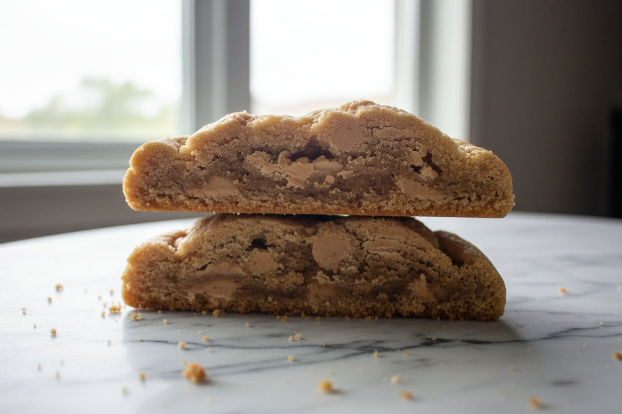 Partial view of a peanut butter cookie on a marble surface with a blurred background