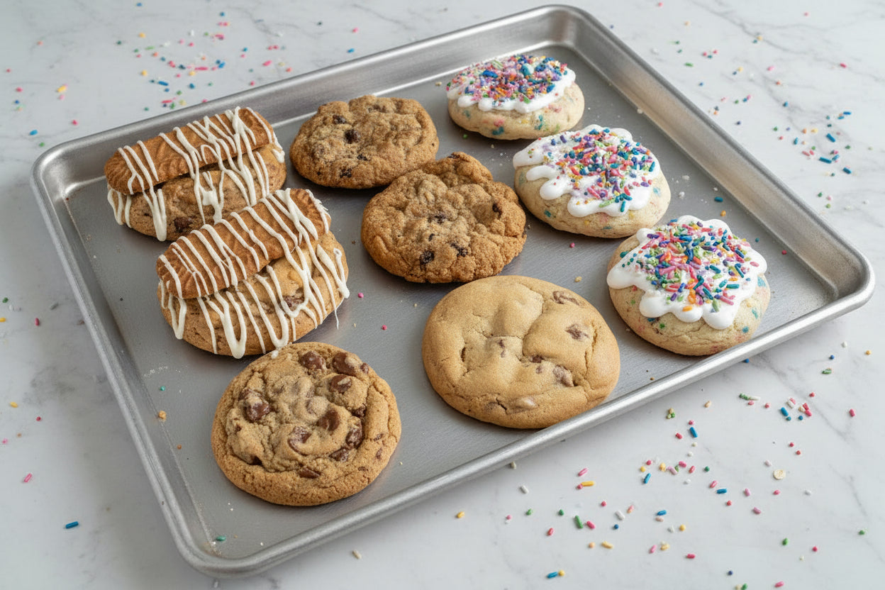 Assorted cookies including chocolate chip, oatmeal raisin, and decorated cookies on a cooling rack.