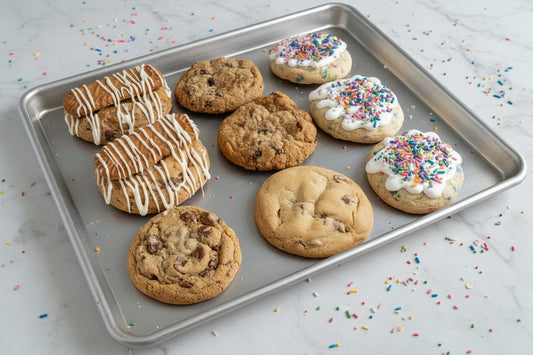 Assorted cookies including chocolate chip, oatmeal raisin, and decorated cookies on a cooling rack.