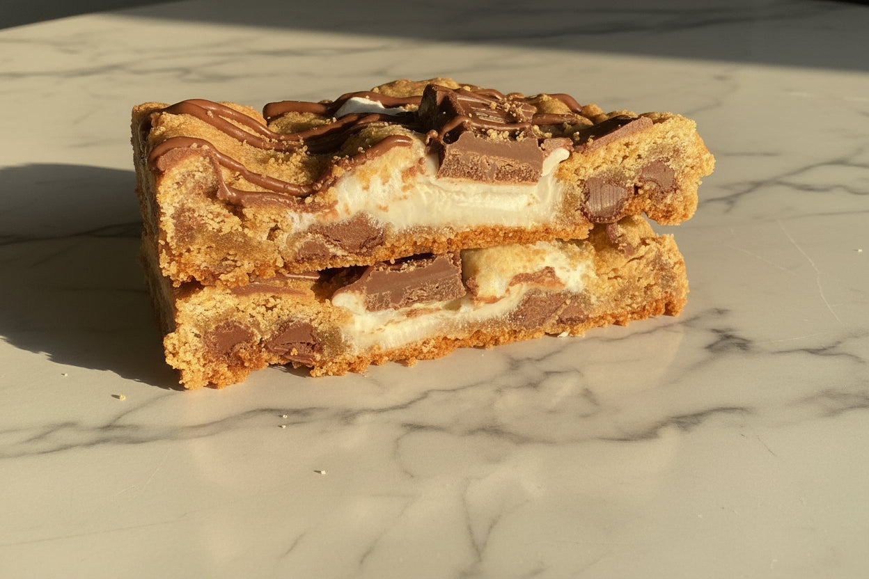 Close-up of a chocolate and marshmallow bar cut in half on a marble surface.