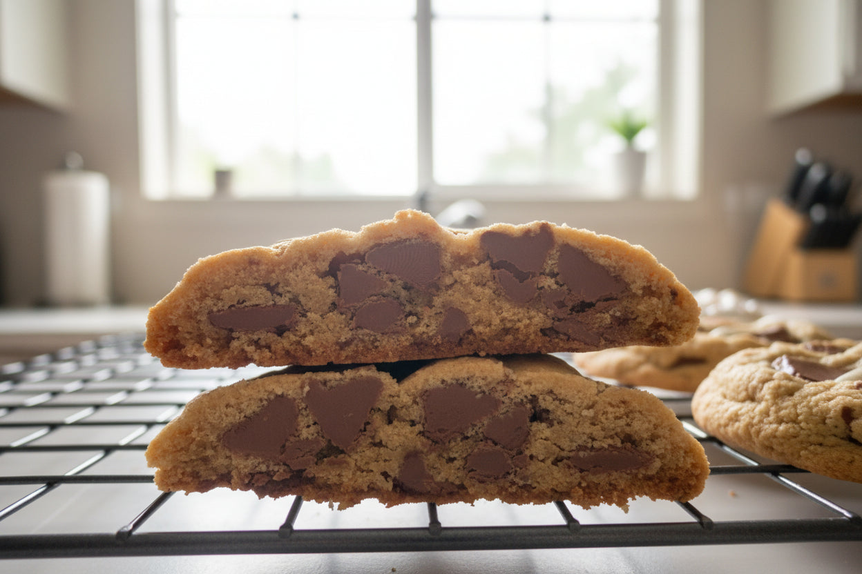 Chocolate chip cookies on a cooling rack with a blurred background