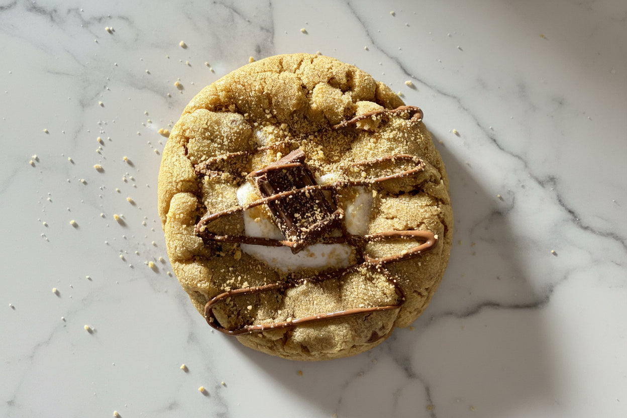 Cookie with chocolate drizzle and marshmallows on a marble surface