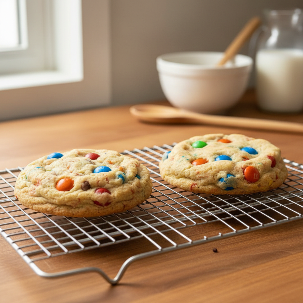Two cookies with colorful candies on a cooling rack with a glass of milk in the background.